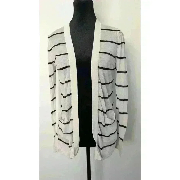LOFT Sweaters - Black and White Striped Cardigan Open Front Loft
